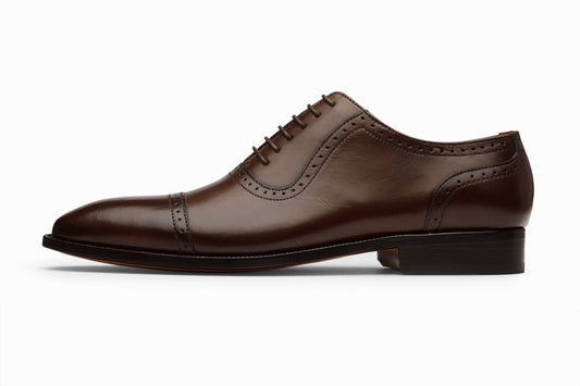 Semi Brogue Oxford Leather Shoes - Dark Brown